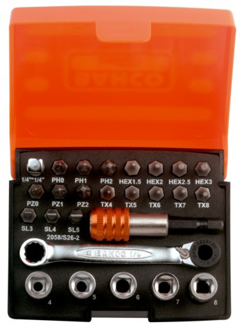 BAHCO 1/4" Bitkészlet small, dugókulcsokkal, racsnival és átalakítóval, 26 részes