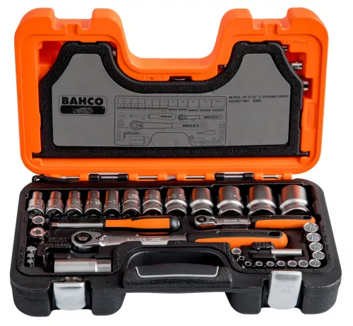 Set chei tubulare BAHCO, 1/2" și 1/4", cheie tubulară hexagonală bi-hexagonală, 56 de piese
