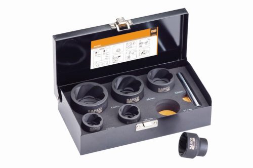 BAHCO Kerékőr leszedő, Roncsolt csavar kiszedő készlet 22-41 mm, 7 részes, 1/2" + 3/4"