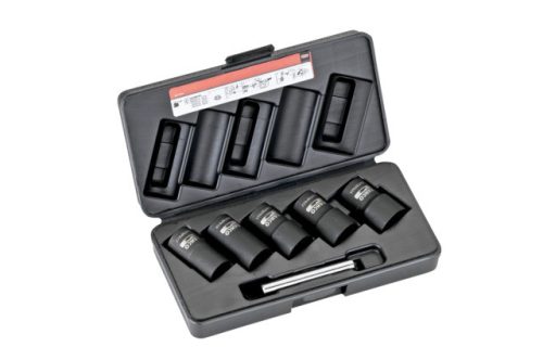 BAHCO Kerékőr leszedő, Roncsolt csavar kiszedő készlet, 6 részes, 1/2", 17, 19, 21, 22, 24 mm + kiütő
