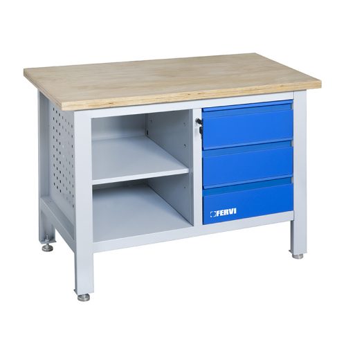 FERVI Fa tetejű munkaasztal 3 fiókkal+polc (max. 300 kg) 1200x600x865 mm, szürke/kék (satupad)