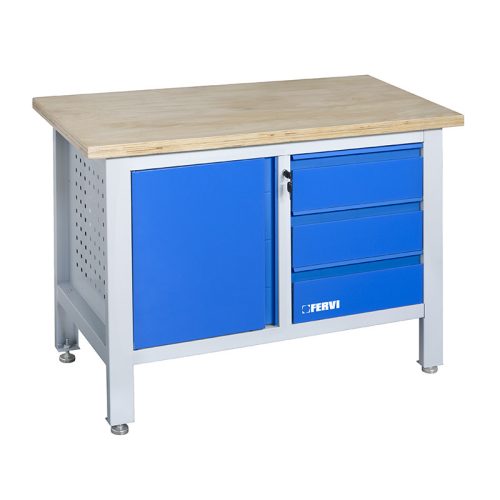 FERVI Fa tetejű munkaasztal 3 fiókkal+szekrény (max. 350 kg) 1200x600x865 mm, szürke/kék (satupad)