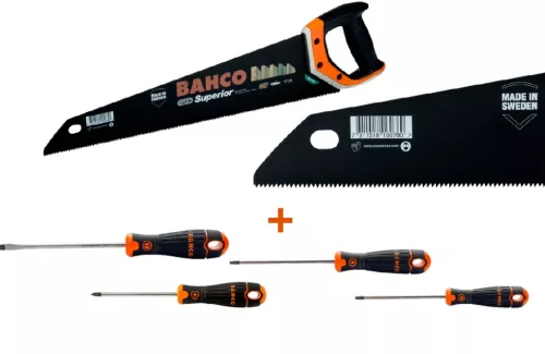 Fierăstrău manual BAHCO Superior, 475 mm, TPI= 9/10 + Cadou Set șurubelnițe BAHCOFit 4 bucăți