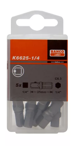 BAHCO Csatlakozó 1/4" külső hatszögtől 1/4" külső négyzetig 25 mm, 5 darab műanyag dobozban