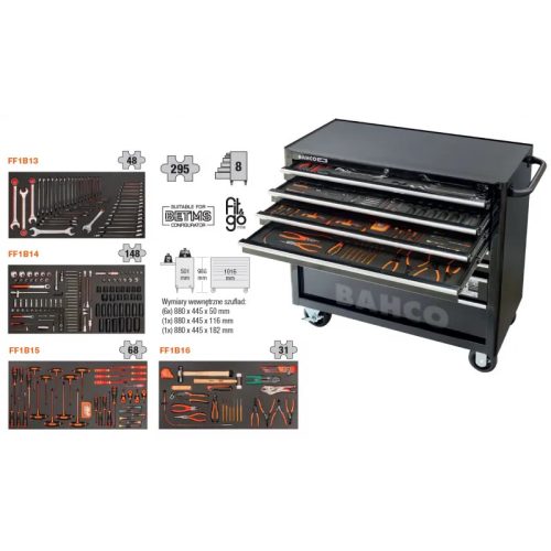 BAHCO 8 Fiókos Prémium szerszámkocsi FELTÖLTVE, 295 részes, 4 fiók feltöltéssel 1475KXL8 fekete 40"