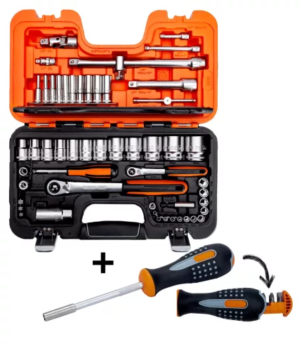 BAHCO Dugókulcs készlet, 1/2"& 1/4", 56 részes Bi-hex dugókulcs + BAHCO Bitbefogós csavarhúzó 230 mm, bitekkel