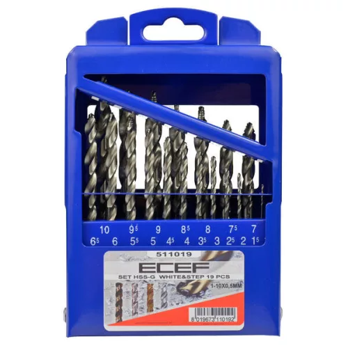 ECEF Fémcsigafúró készlet, lépcsős geometriával és vezetőfúróval, HSS-G, 1-10/0,5 mm (19 részes)