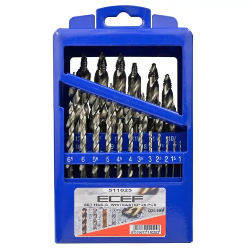 ECEF Fémcsigafúró készlet, lépcsős geometriával és vezetőfúróval, HSS-G, 1-13/0,5 mm (25 részes)